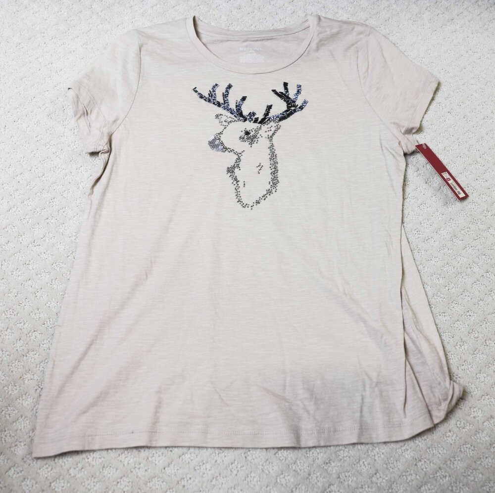 NWT Merona Women Beige Reindeer Beaded Sequin Graphic T-Shirt Christmas Size XXL